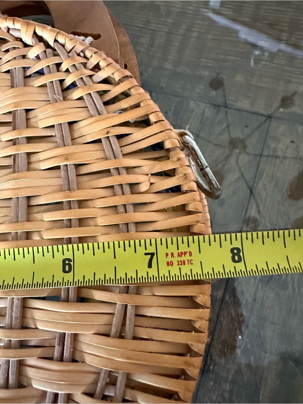 Wooden Purse Hinged Basket Weave Sides Handles Clasp Interior Floral Cloth Lined - Picture 10 of 12